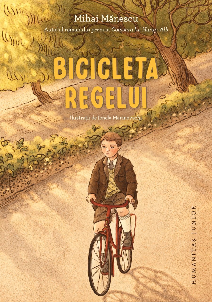 The cover of Bicicleta Regelui: a boy in period clothes rides a bicycle down a tree-lined path