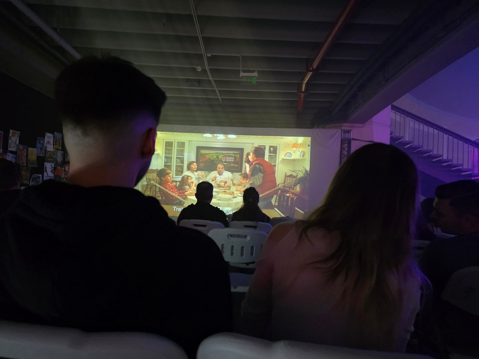 The audience seen from behind during a film.