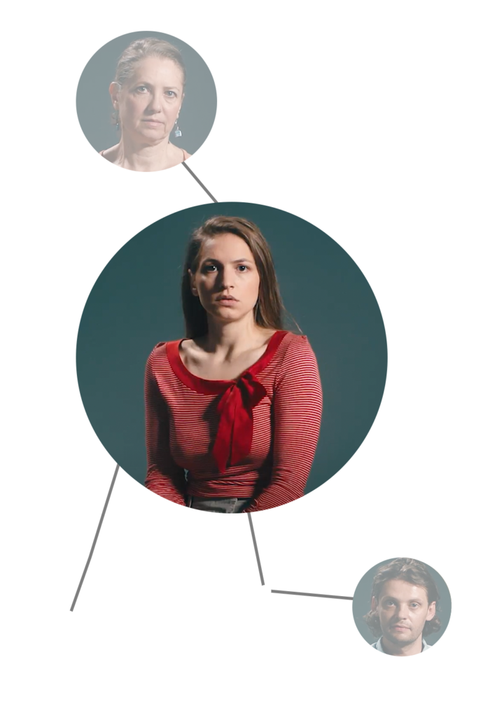 Compoziție originală a platformei FILIA, cu personajul Maria și persoanele din jurul ei