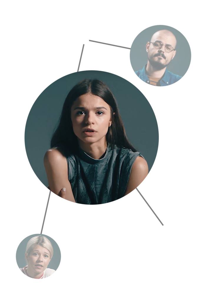 Compoziție originală a platformei FILIA, cu personajul Tania și persoanele din jurul ei