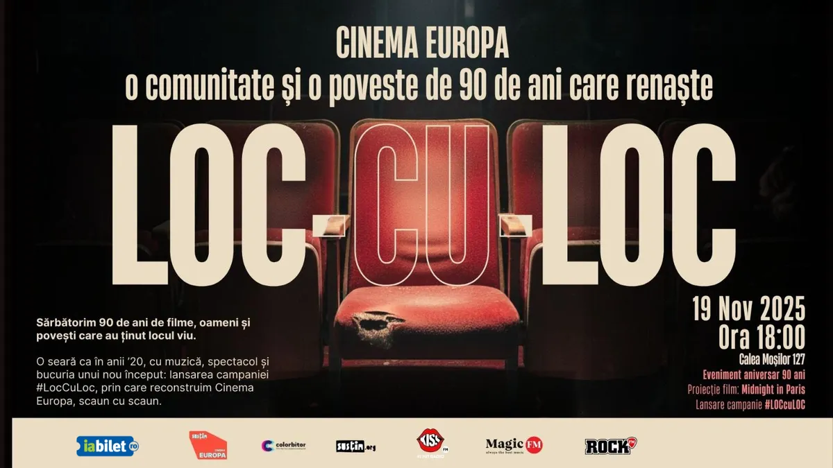 The Loc cu Loc campaign poster and the Cinema Europa 90th anniversary event