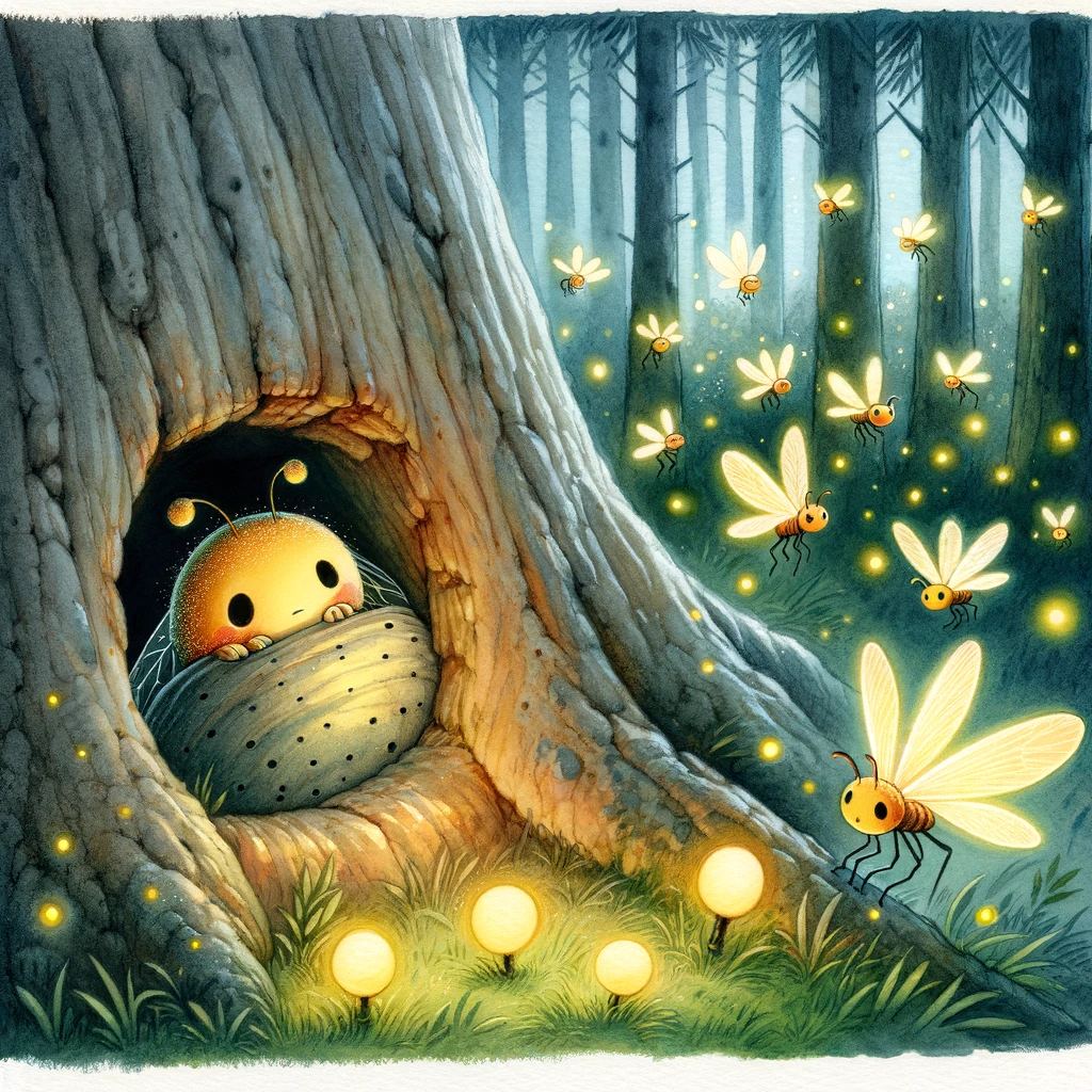 Illustration from the story Licuriciul: a small firefly at the entrance of a tree trunk, in a forest full of fireflies